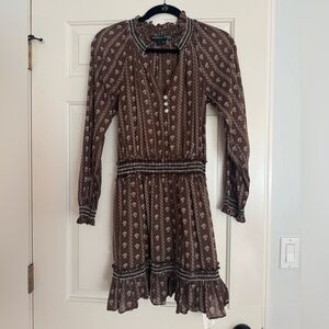 Veronica Beard Brown Printed Long-Sleeve Smocked-Waist Dress